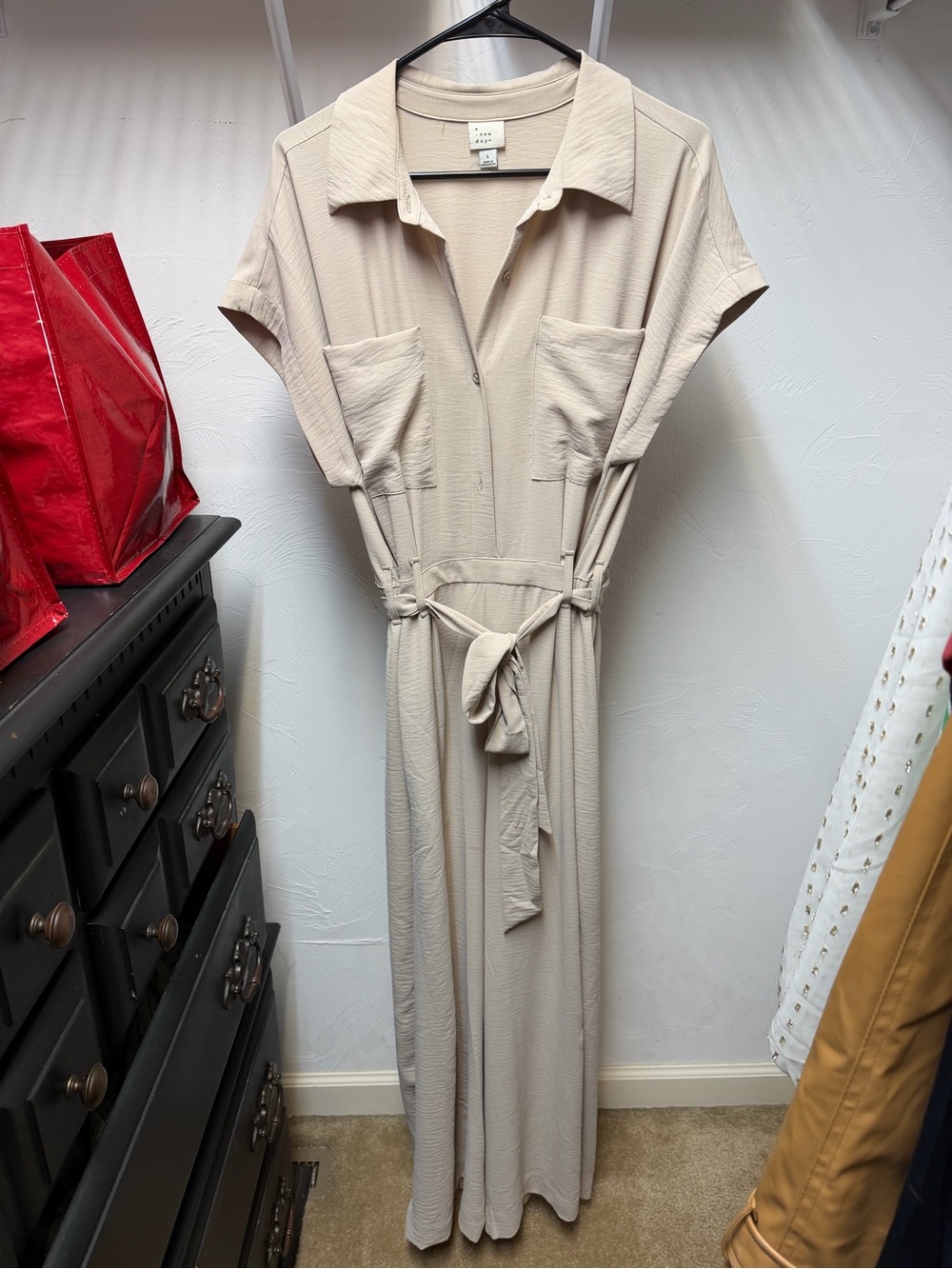 Short-Sleeve Belted Jumpsuit in Light Beige